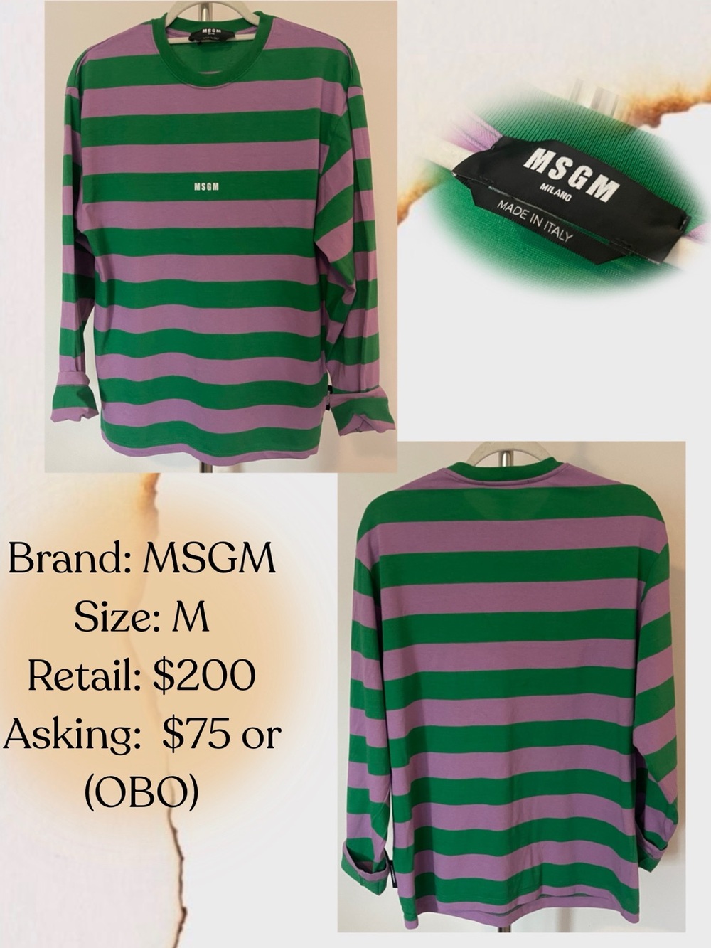 MSGM Green and Lavender Striped Long Sleeve Shirt